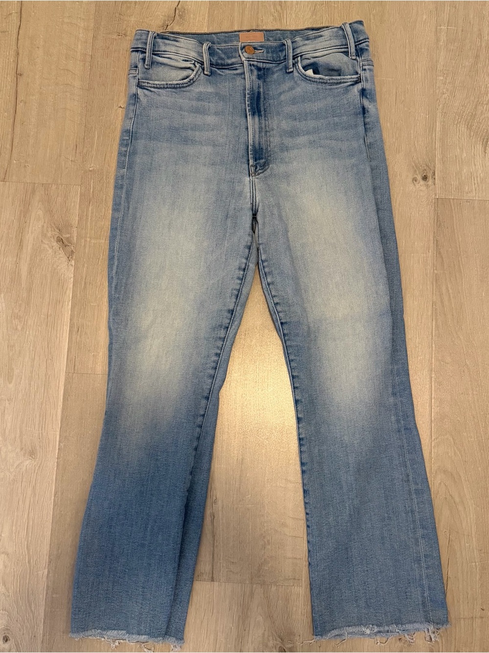 MOTHER The Hustler Ankle Fray Jeans Size 32 Light Wash High Rise Flare Raw Hem